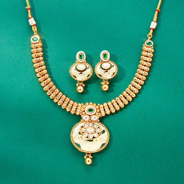 224308 Antique Meenakari Necklace With Matte Gold Plating