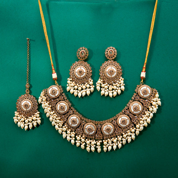 224317 Antique Pearl Necklace With Mehndi Plating