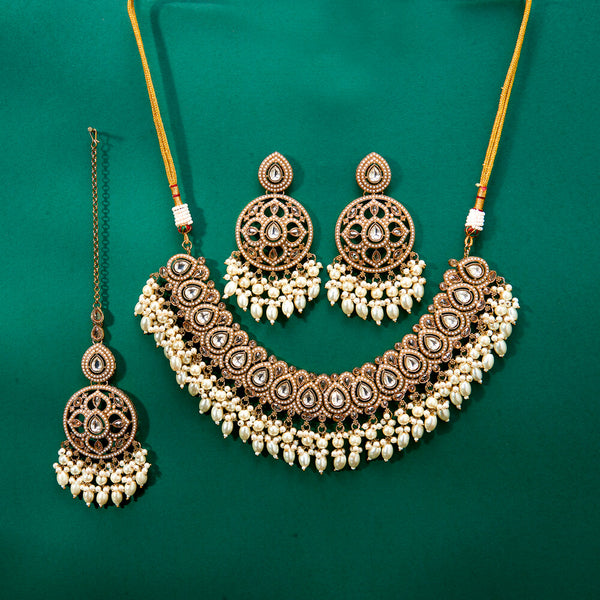 224318 Antique Pearl Necklace With Mehndi Plating