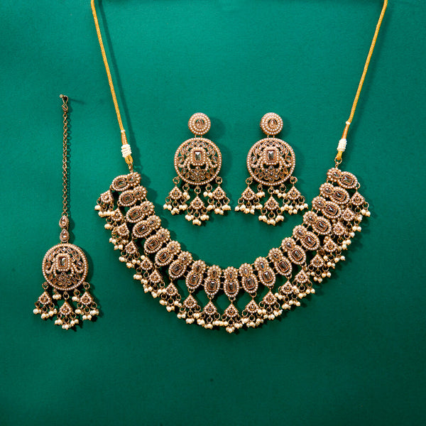 224319 Antique Moti Necklace With Mehndi Plating