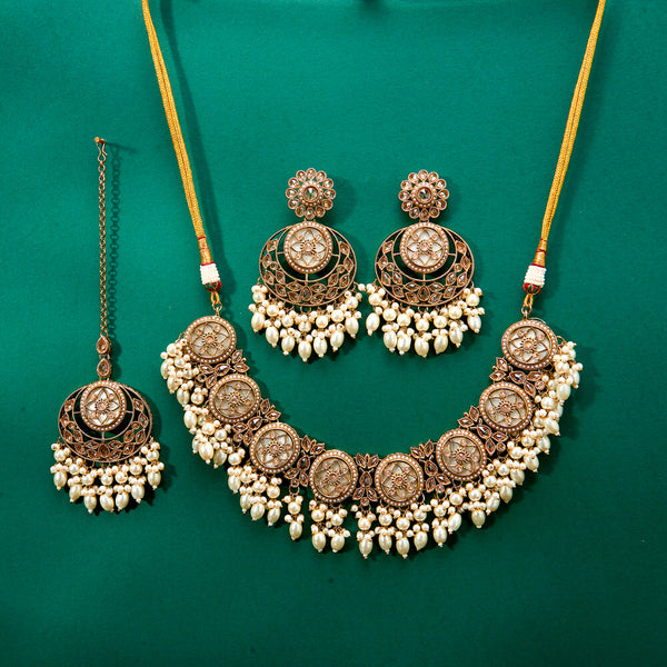 224320 Antique Pearl Necklace With Mehndi Plating