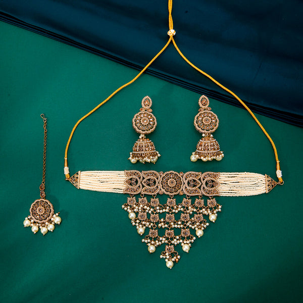 224321 Antique Moti Necklace With Mehndi Plating