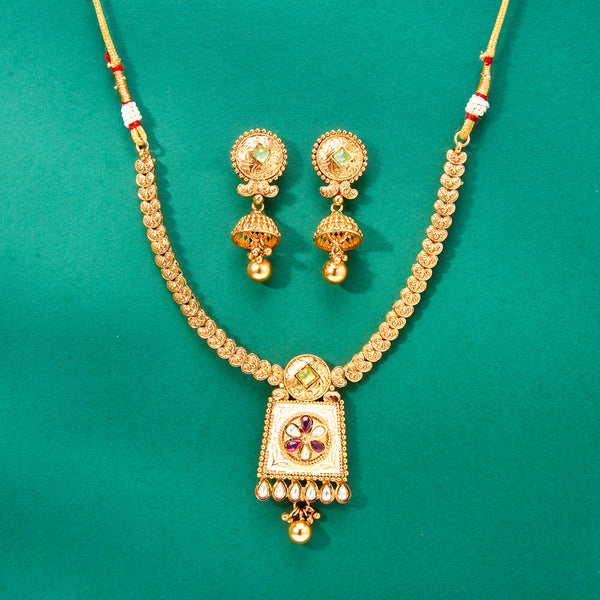 224326 Antique Meenakari Necklace With Matte Gold Plating