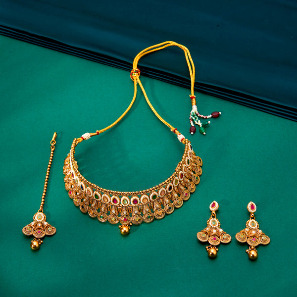 224332 Antique Mukut Necklace With Matte Gold Plating