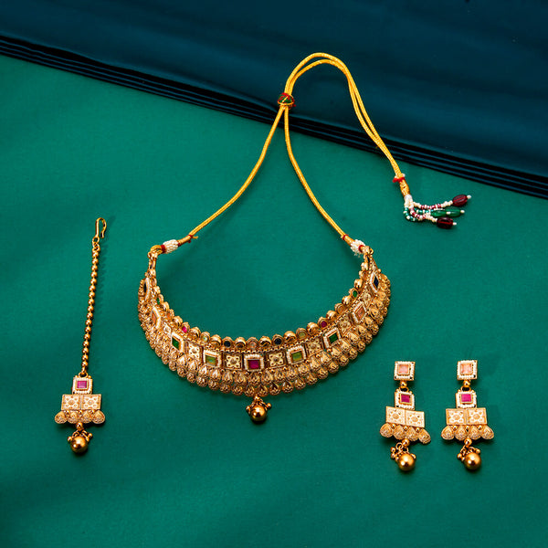 224336 Antique Mukut Necklace With Matte Gold Plating