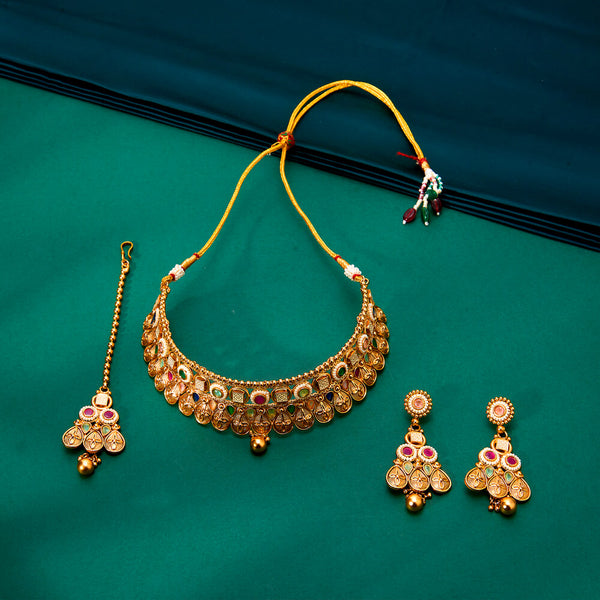 224338 Antique Mukut Necklace With Matte Gold Plating