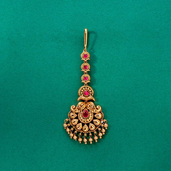 224354 Antique South Indian Tikka With Matte Gold Plating