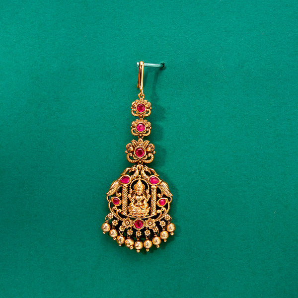 224435 Antique South Indian Tikka With Matte Gold Plating