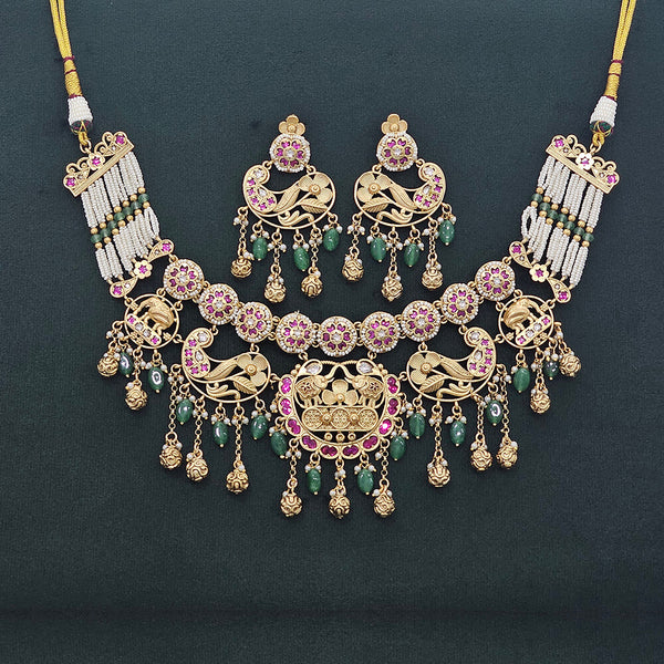 225403 Antique Moti Necklace Set With Matte Gold Plating
