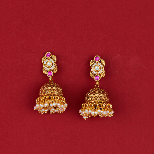 225779 Antique Pearl Jhumki With Gold Plating