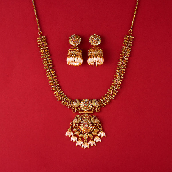 225857 Antique South Indian Necklace Set With Matte Gold Plating