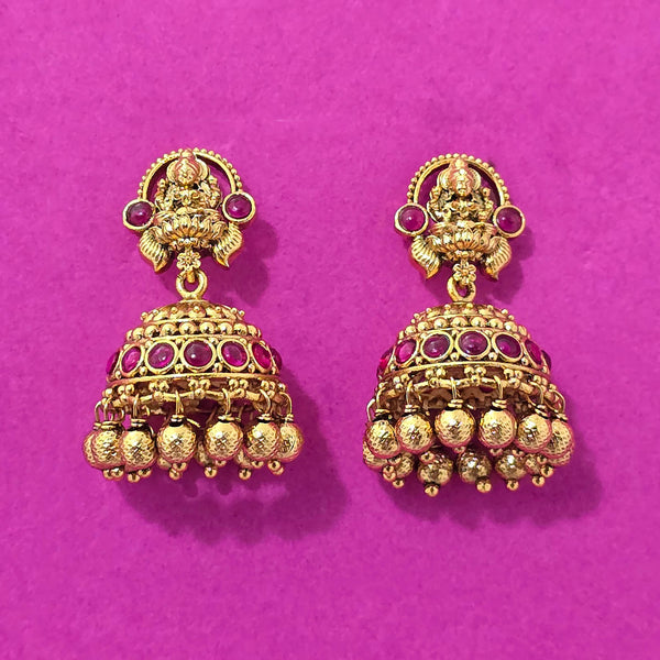 227174 Antique Jhumki With Matte Gold Plating