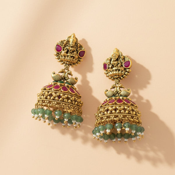 227199 Antique Jhumki With Matte Gold Plating