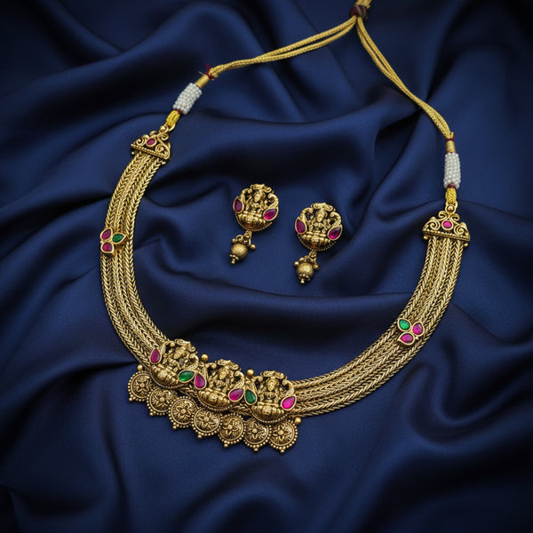 227276 Antique Temple Necklace Set With Matte Gold Plating