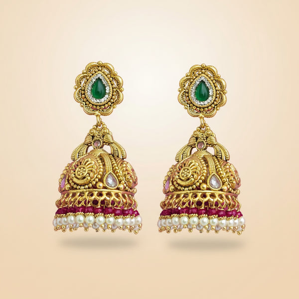 227339 Antique Jhumki With Matte Gold Plating