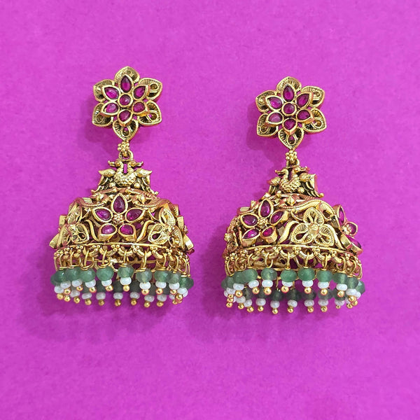 227580 Antique Jhumki With Matte Gold Plating