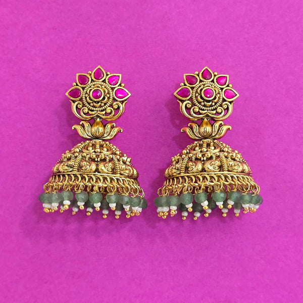 227581 Antique Jhumki With Matte Gold Plating