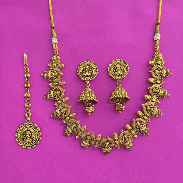227782 Antique Temple Necklace Set With Matte Gold Plating