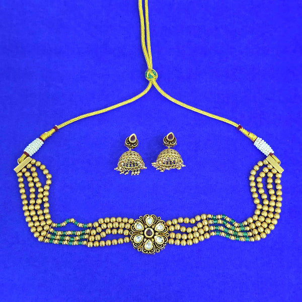 227851 Antique Choker Necklace Set With Matte Gold Plating