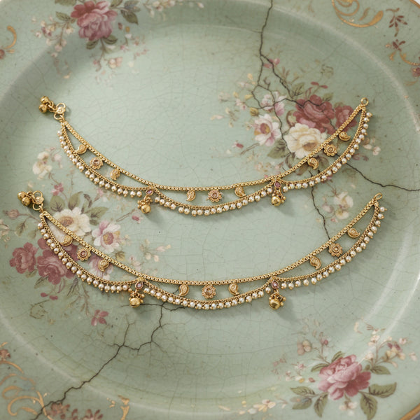 228222 Antique Moti Payal With Gold Plating