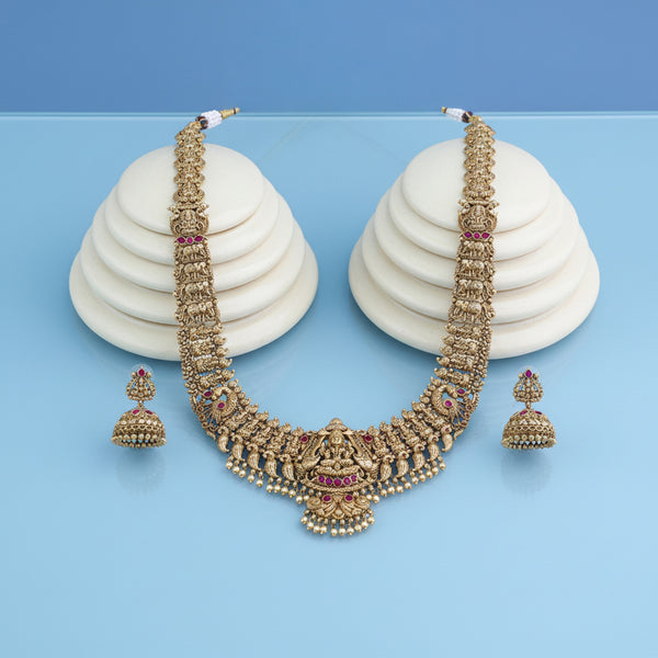 228269 Antique Long Necklace Set With Matte Gold Plating