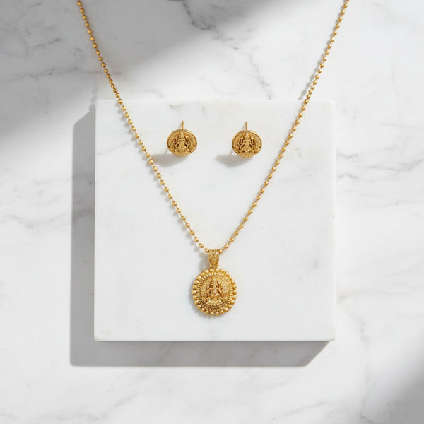 228391 Antique Temple Pendant Set With Matte Gold Plating