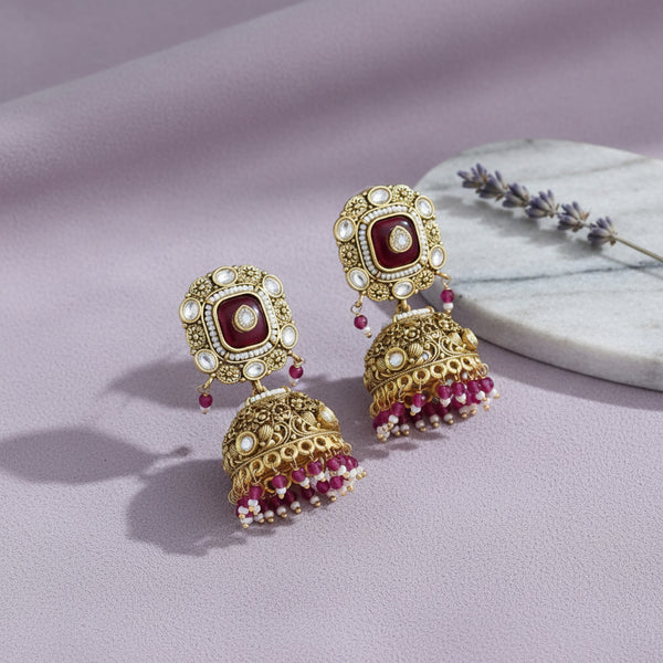 228423 Antique Jhumki With Matte Gold Plating