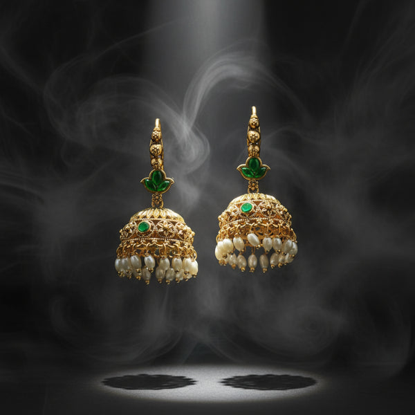 228543 Antique Jhumki With Matte Gold Plating