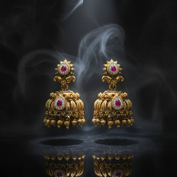 228549 Antique Jhumki With Matte Gold Plating