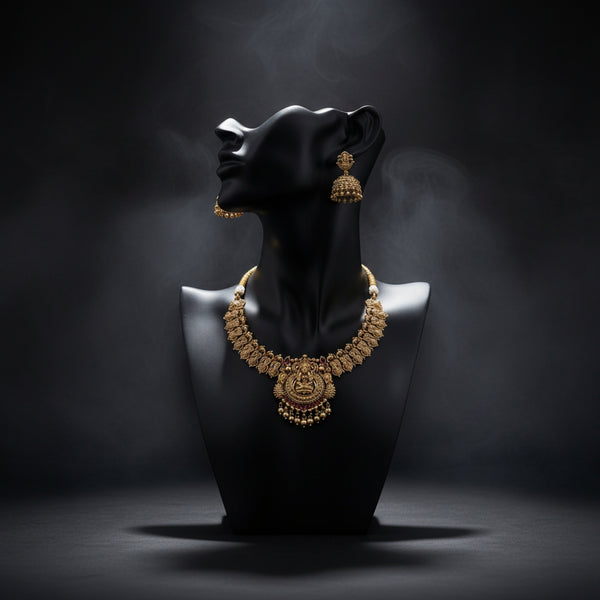 228551 Antique Temple Necklace Set With Matte Gold Plating