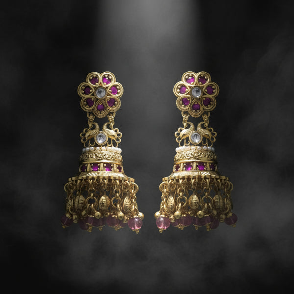 228568 Antique Jhumki With Matte Gold Plating