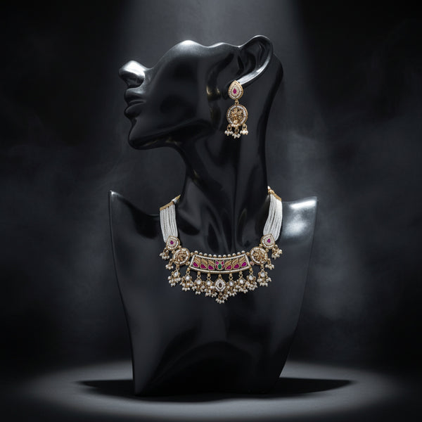 228618 Antique Moti Necklace Set With Matte Gold Plating