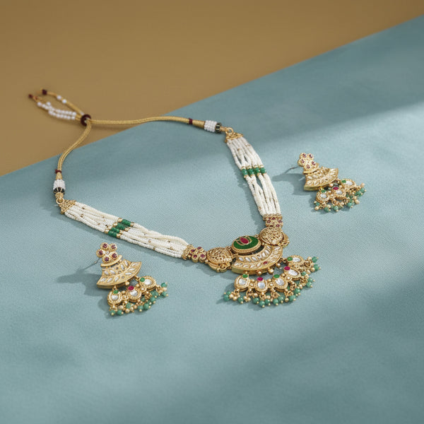 228761 Antique Moti Necklace Set With Gold Plating