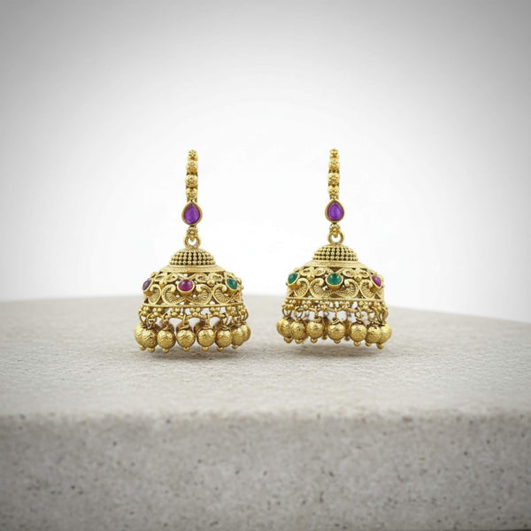 228801 Antique Jhumki With Matte Gold Plating