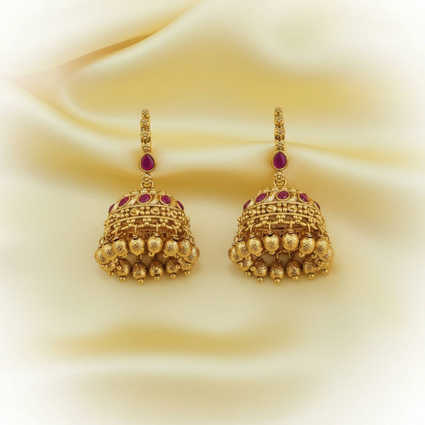 228849 Antique Jhumki With Matte Gold Plating