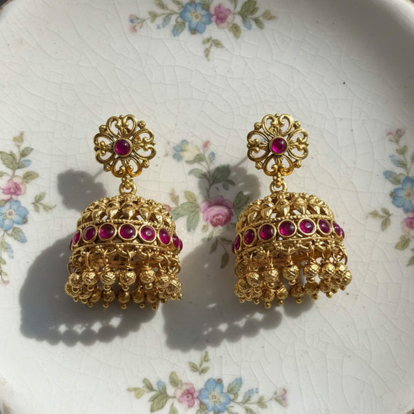 228850 Antique Jhumki With Matte Gold Plating