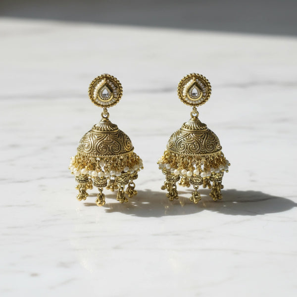 228903 Antique Jhumki With Matte Gold Plating