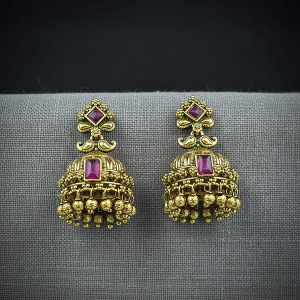 228985 Antique Jhumki With Matte Gold Plating