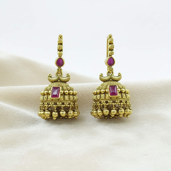 228986 Antique Jhumki With Matte Gold Plating