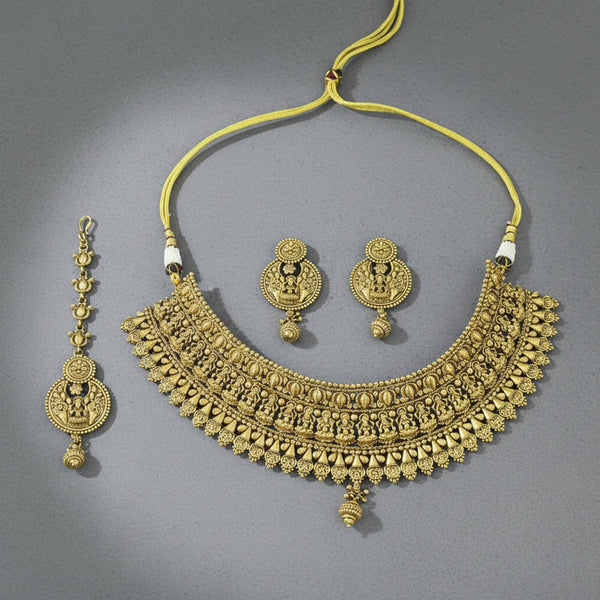 228989 Antique South Indian Necklace Set With Matte Gold Plating