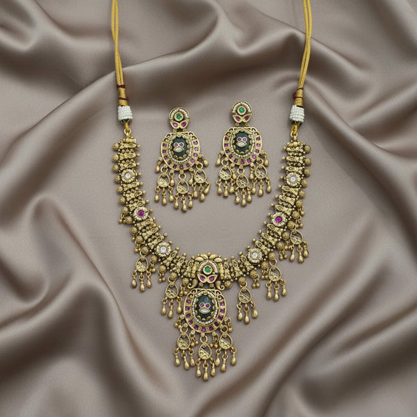 229115 Antique Moti Necklace Set With Matte Gold Plating