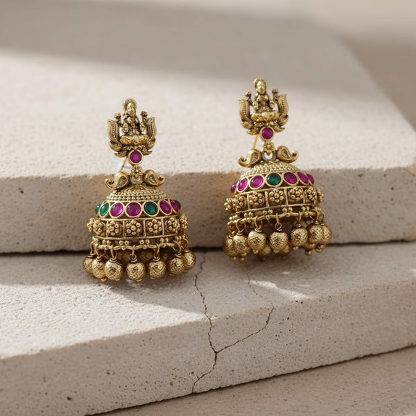 229118 Antique Jhumki With Matte Gold Plating