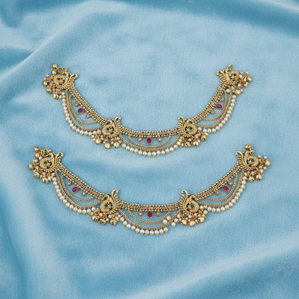 229168 Antique Moti Payal With Gold Plating