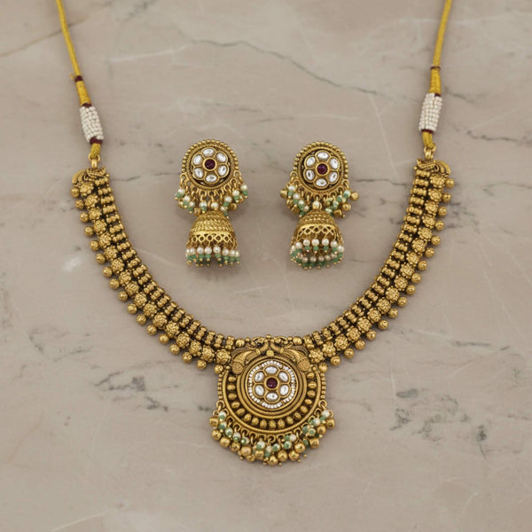 229182 Antique Moti Necklace With Matte Gold Plating