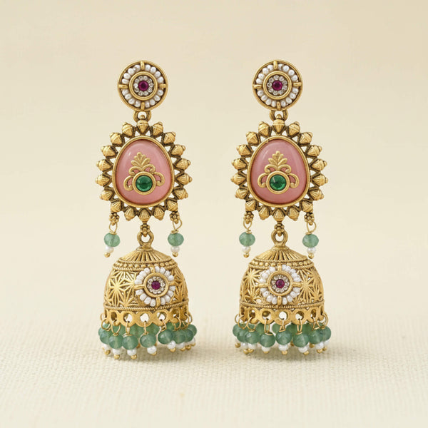 229251 Antique Jhumki With Matte Gold Plating