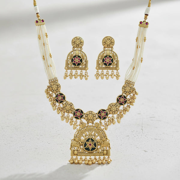 229407 Antique Moti Necklace Set With Matte Gold Plating