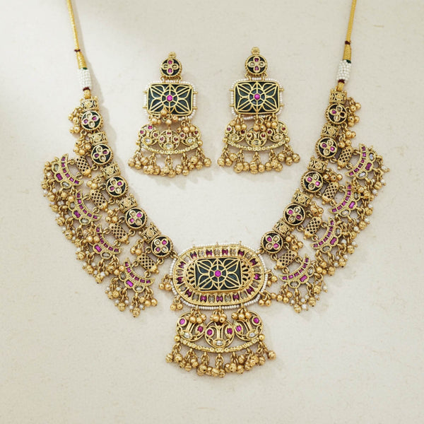 229408 Antique Moti Necklace Set With Matte Gold Plating
