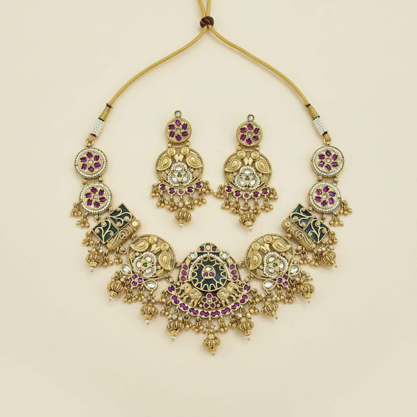 229409 Antique Moti Necklace Set With Matte Gold Plating