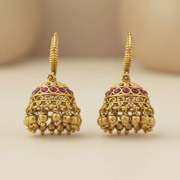 229421 Antique Jhumki With Matte Gold Plating