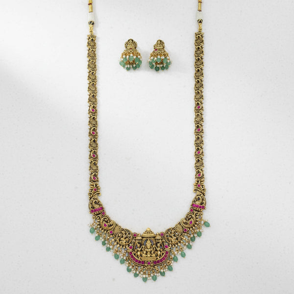 229424 Antique South Indian Necklace Set With Matte Gold Plating